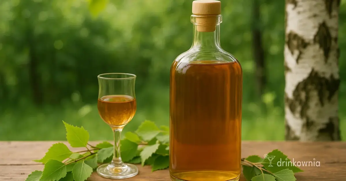 Nalewka z liści brzozy w butelce i kieliszku na tle lasu – domowy przepis, naturalny detoks, zdrowotna mikstura z brzozy