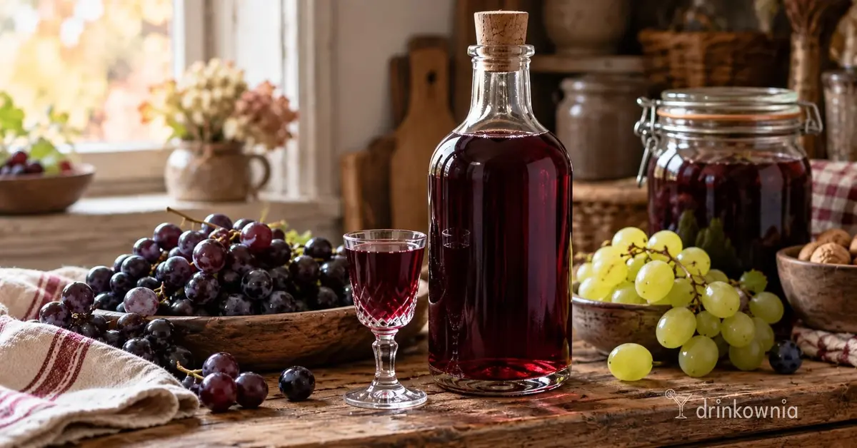 Domowa nalewka z winogron obok jasnych i ciemnych gron w jesiennej, domowej aranżacji