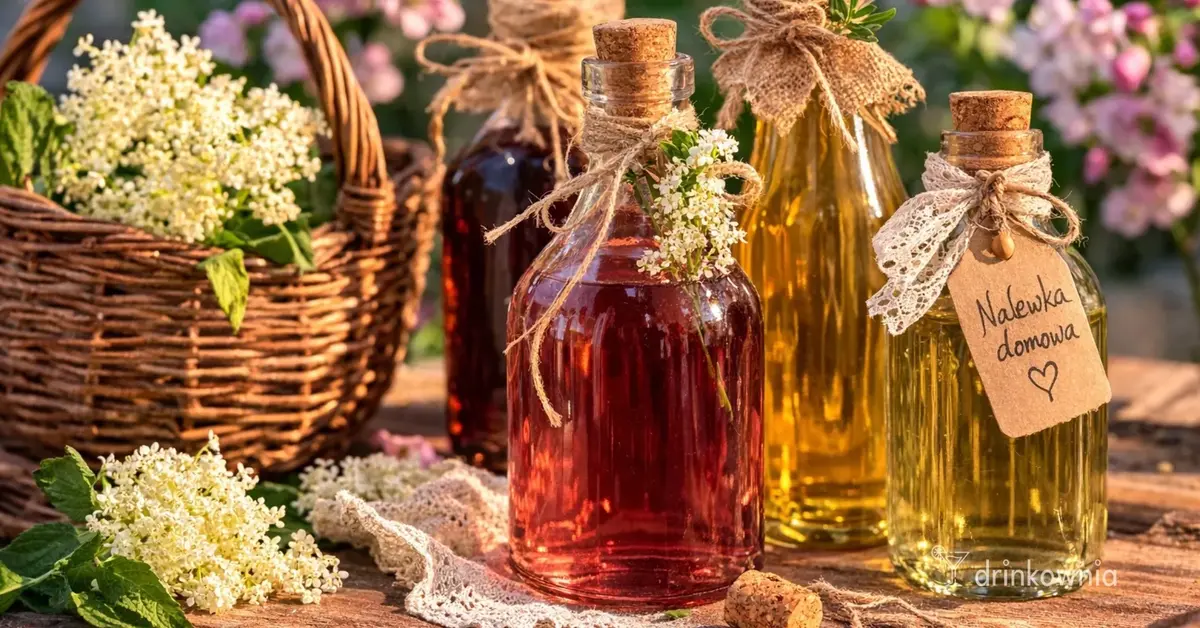 Domowe wiosenne nalewki w rustykalnych szklanych butelkach na drewnianym stole obok wiklinowego kosza.