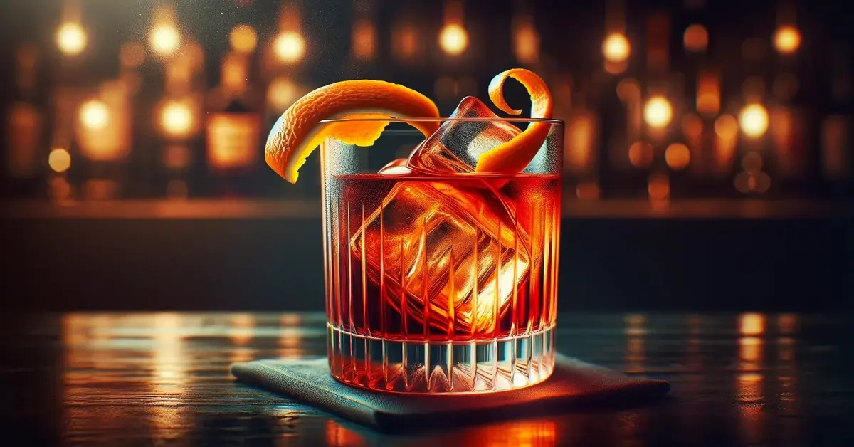 Drink Negroni Sbagliato w szklance typu old fashioned, z prosecco, ozdobiony skórką pomarańczy.