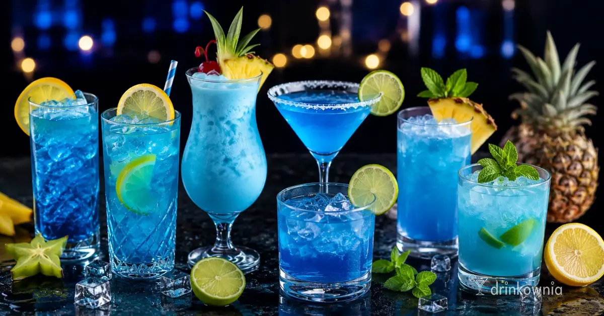 Siedem niebieskich drinków alkoholowych i bezalkoholowych z lodem, cytrusami i ananasem na imprezowym stole.