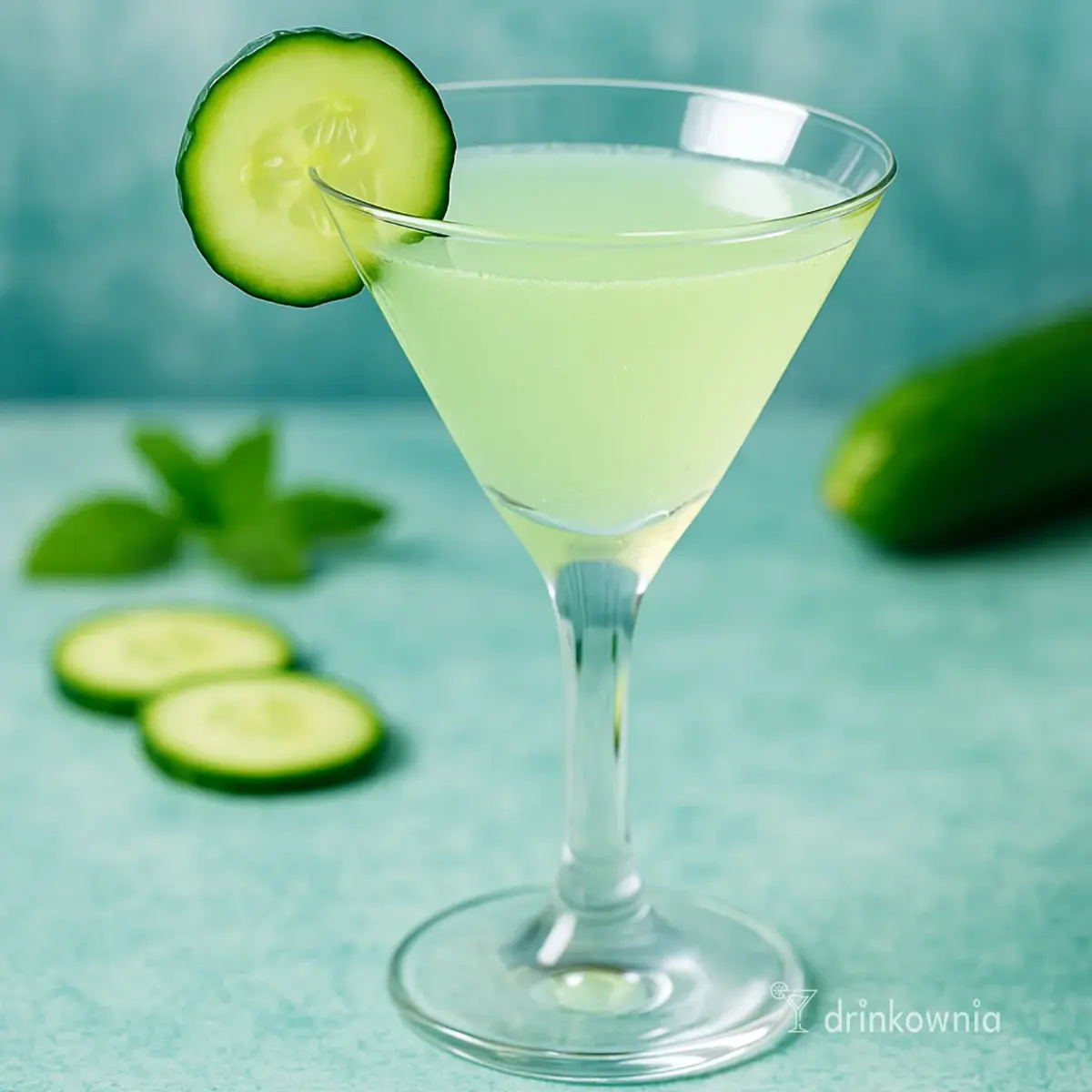 Ogórkowy Gimlet w kieliszku koktajlowym, ozdobiony plasterkiem ogórka – świeży, orzeźwiający drink na lato.