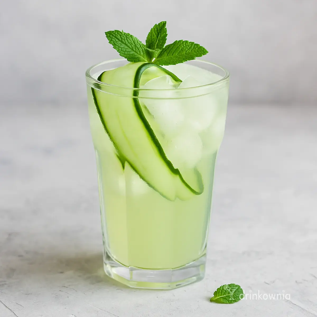 Ogórkowy Virgin Cooler w wysokiej szklance highball z lodem, wstążką ogórka i listkiem mięty – orzeźwiający mocktail.