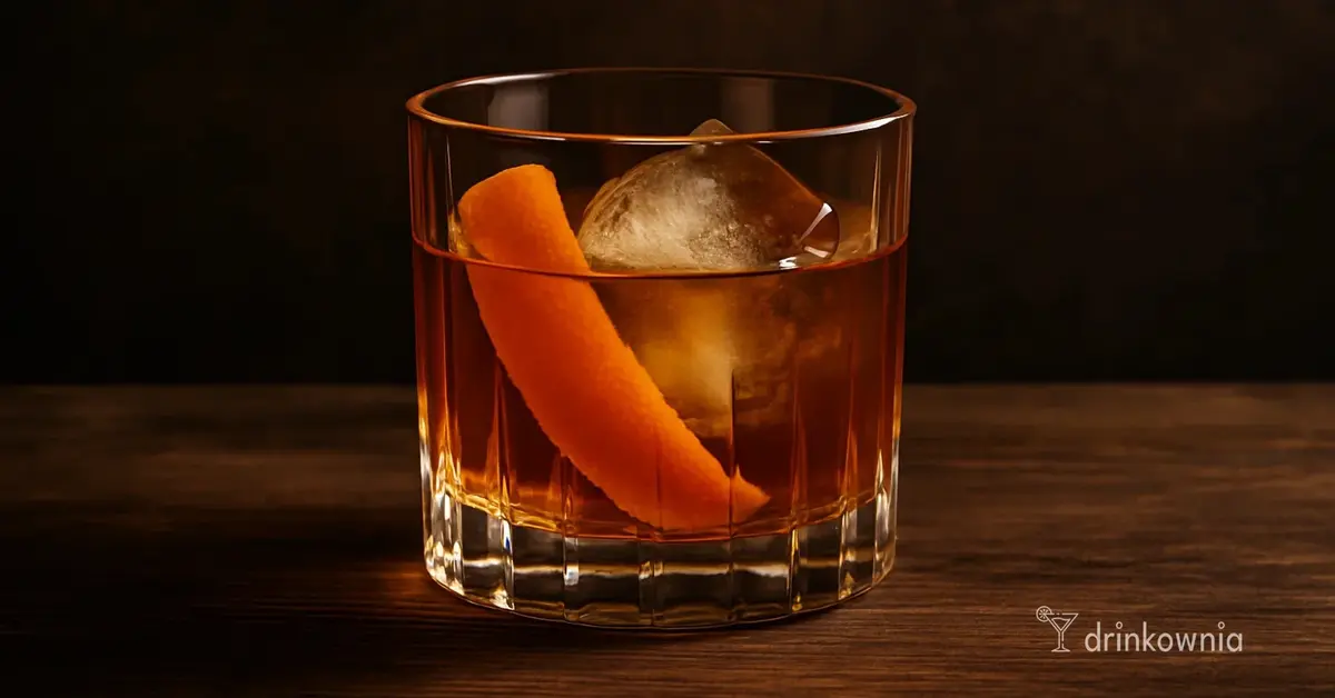 Old Fashioned w szklance typu tumbler z lodem i skórką pomarańczy – klasyczny koktajl whisky w eleganckim wydaniu.