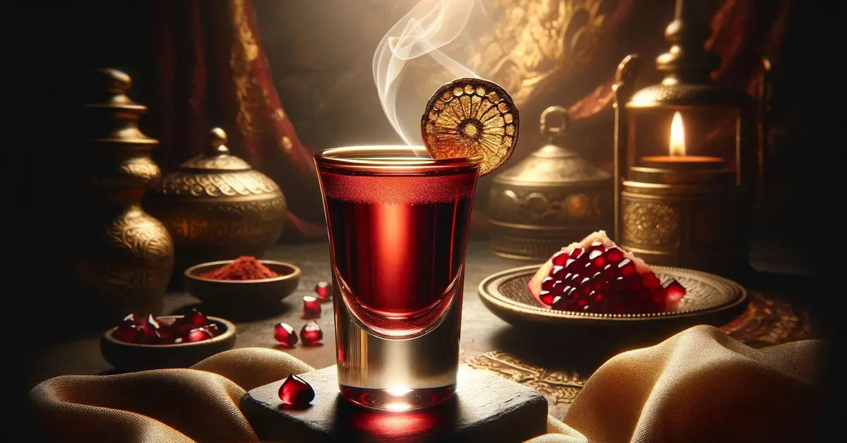 Zdjęcie prezentuje elegancki shot Orient Express o głębokiej czerwieni, na bazie wódki i syropu imbirowego.