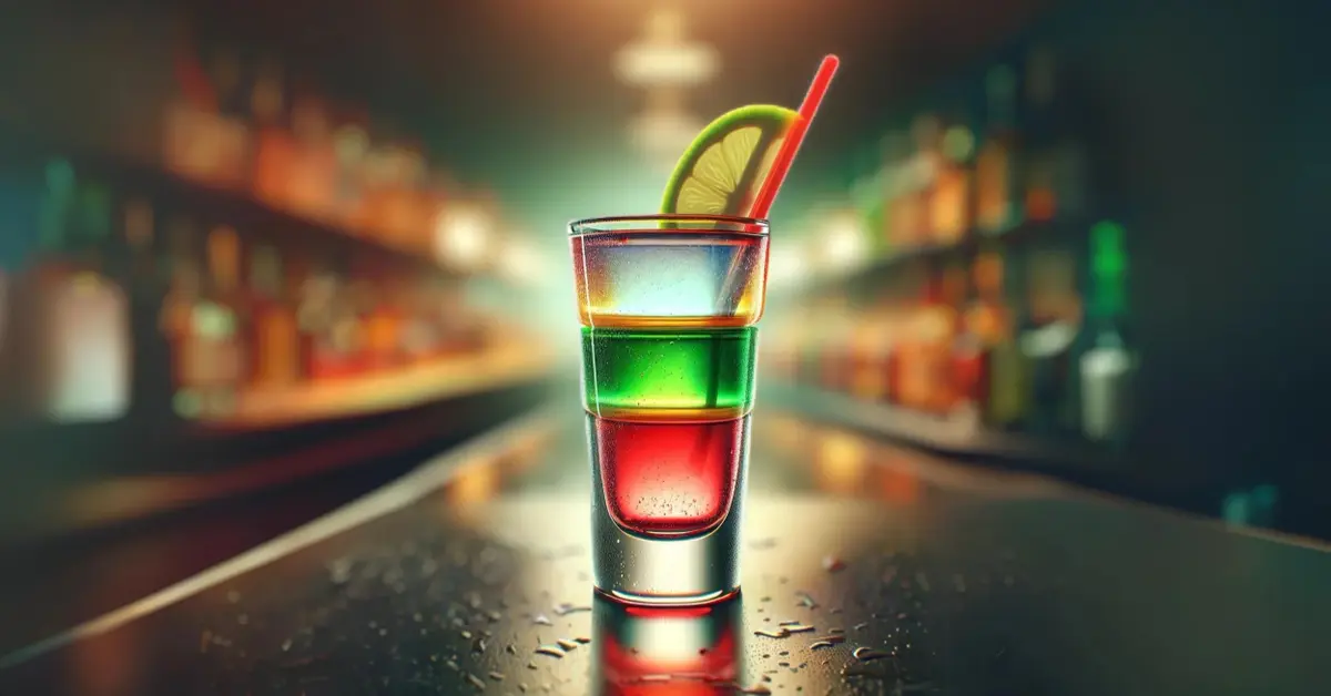 Zdjęcie przedstawia warstwowy shot Passion Killer z likierem melonowym Midori, likierem Passoa i tequilą.