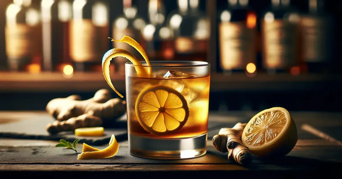 Drink Penicylina (Penicillin) podany w szklance typu old-fashioned, ozdobiony skórkami cytryny, w tle imbir.