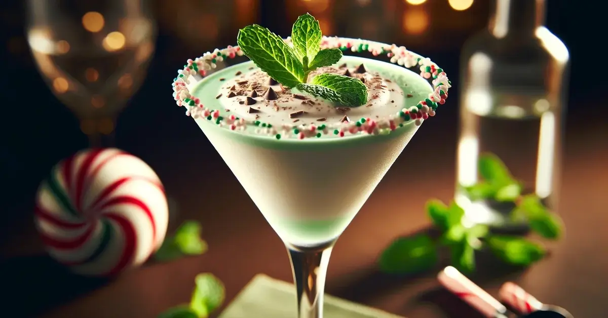 Kremowy drink Peppermint Martini w kieliszku do martini, ozdobiony posypką czekoladową i listkami mięty.