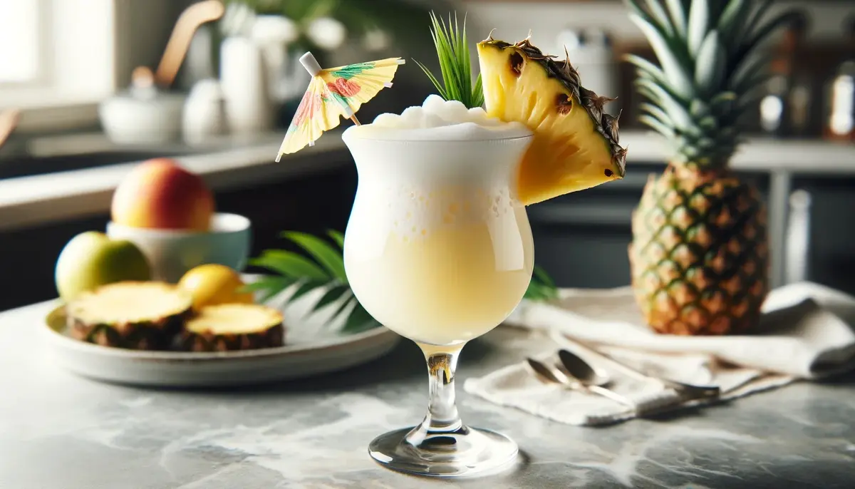 Domowy Virgin Piña Colada w eleganckiej szklance, z ananasem i parasolką