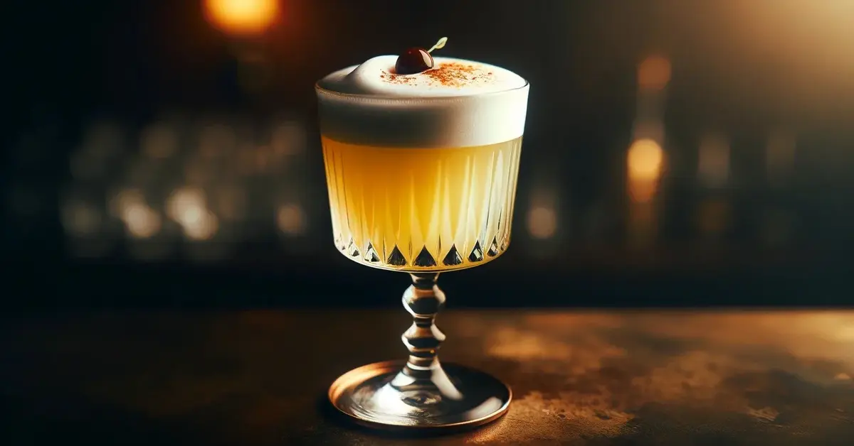 Zdjęcie przedstawia drink Pisco Sour z aksamitną pianką, ozdobiony wiśnią.