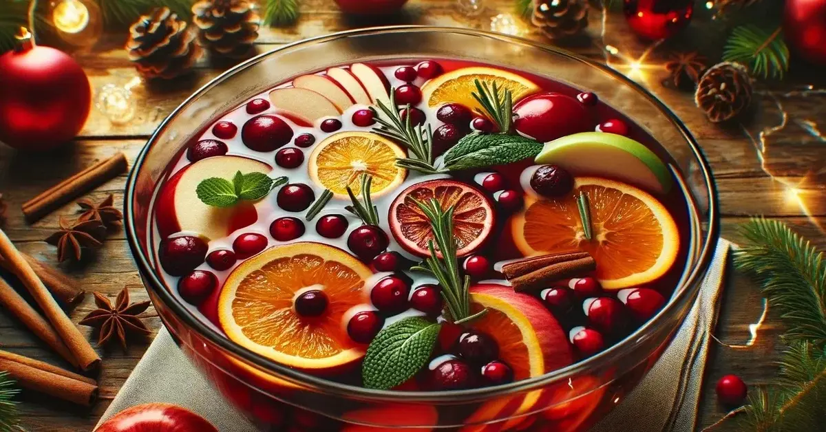 Zdjęcie miski z ponczem świątecznym, ozdobionym plasterkami pomarańczy, gałązkami rozmarynu i żurawiną