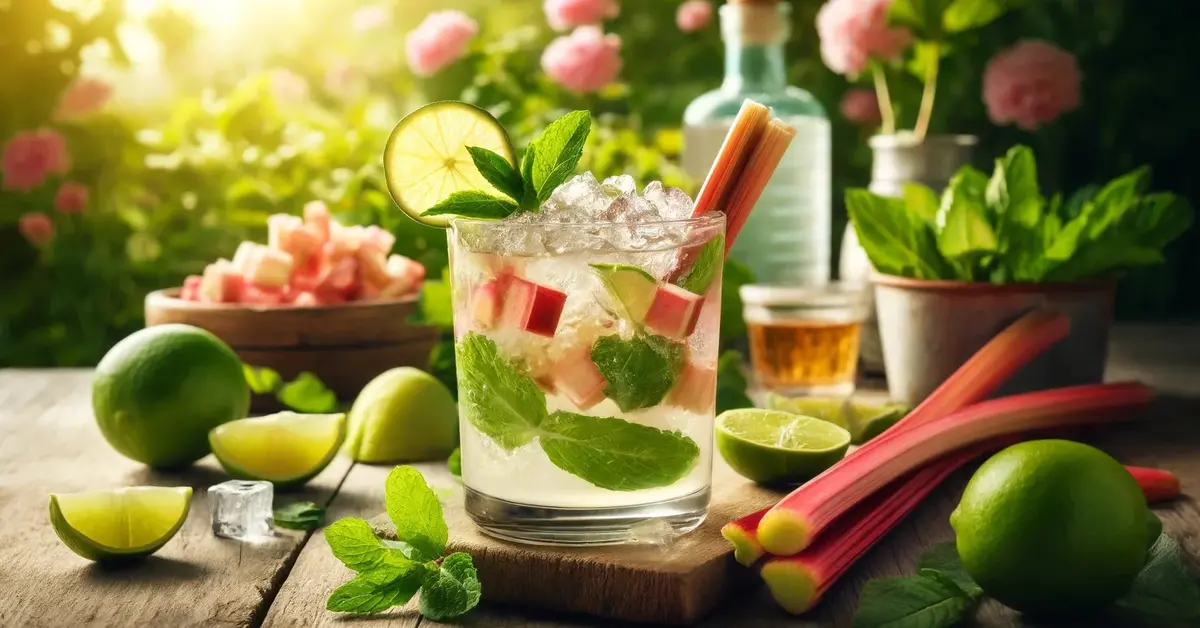 Zdjęcie Rabarbarowego Mojito z lodem, miętą, limonką i rabarbarem, w letniej, ogrodowej scenerii, orzeźwiający drink.