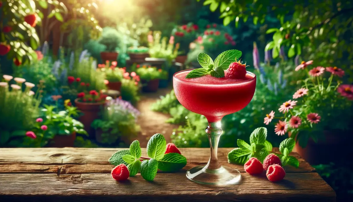 Zdjęcie przedstawia malinowe Raspberry Daiquiri w kieliszku typu coupe, ozdobione malinami i miętą, w tle ogród.