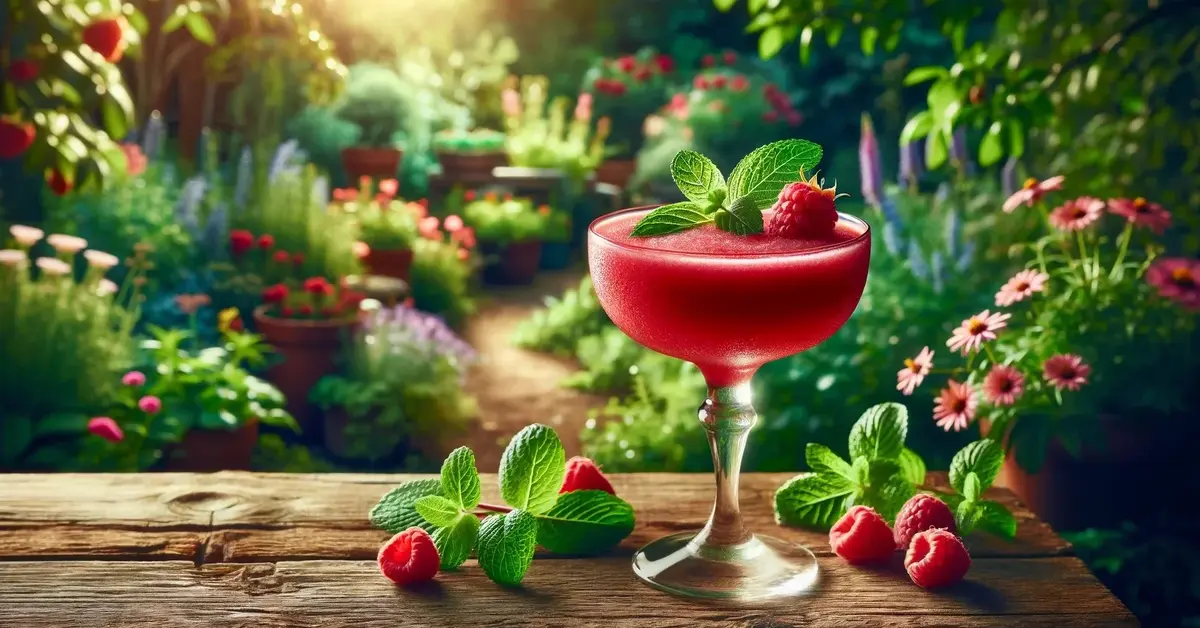 Zdjęcie przedstawia malinowe Raspberry Daiquiri w kieliszku typu coupe, ozdobione malinami i miętą, w tle ogród.