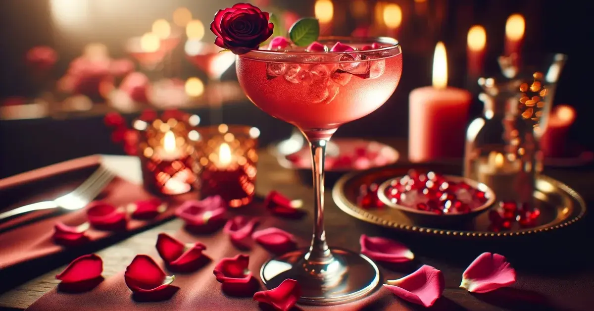 Zdjęcie przedstawia drink Różane Martini na bazie ginu i wermutu z dodatkiem syropu różanego i soku z granatu.