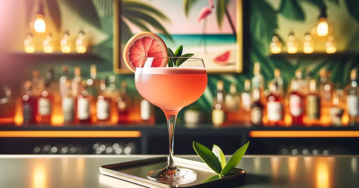Zdjęcie przedstawia drink Różowy Flaming na bazie wódki i lemoniady grejpfrutowej.