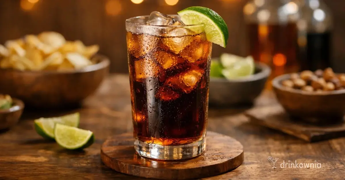 Rum z colą i limonką w wysokiej szklance z lodem, na drewnianym stole, w domowym, wieczornym klimacie.