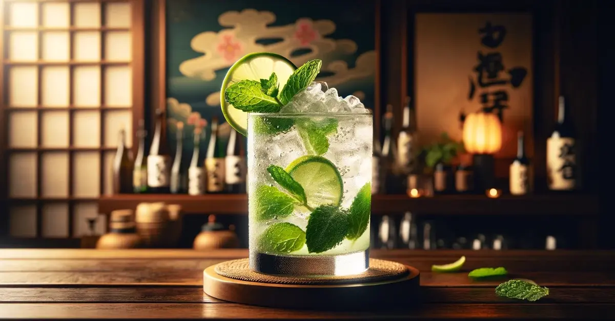 Zdjęcie prezentuje drink Sake Mojito, orzeźwiający drink na bazie ryżowego Sake, z lodem, listkami mięty i limonką.