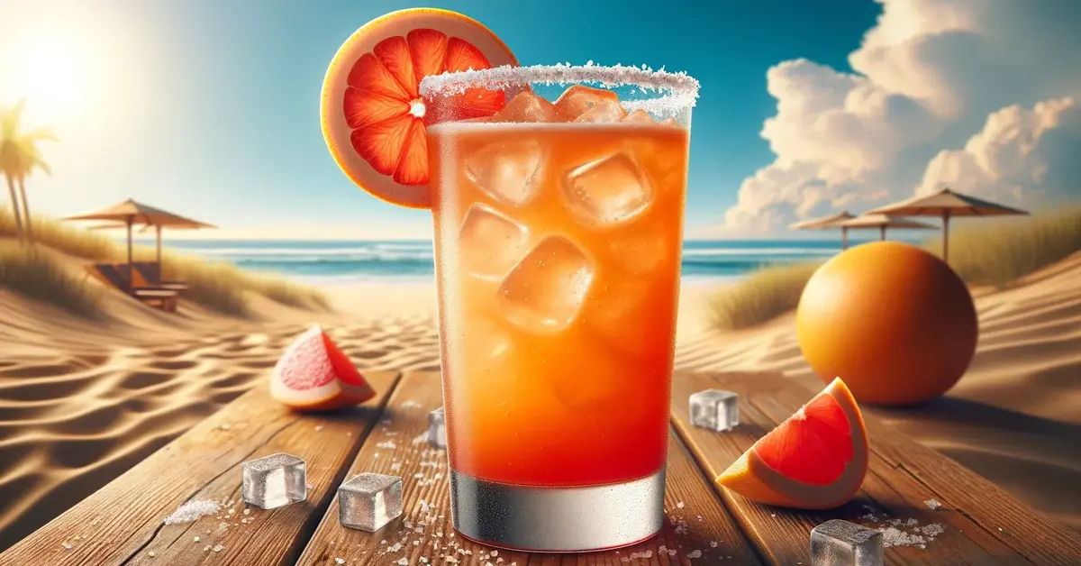 Zdjęcie przedstawia drink Salty Dog na bazie wódki i soku z grejpfruta, w wysokiej szklance wypełnionej lodem.