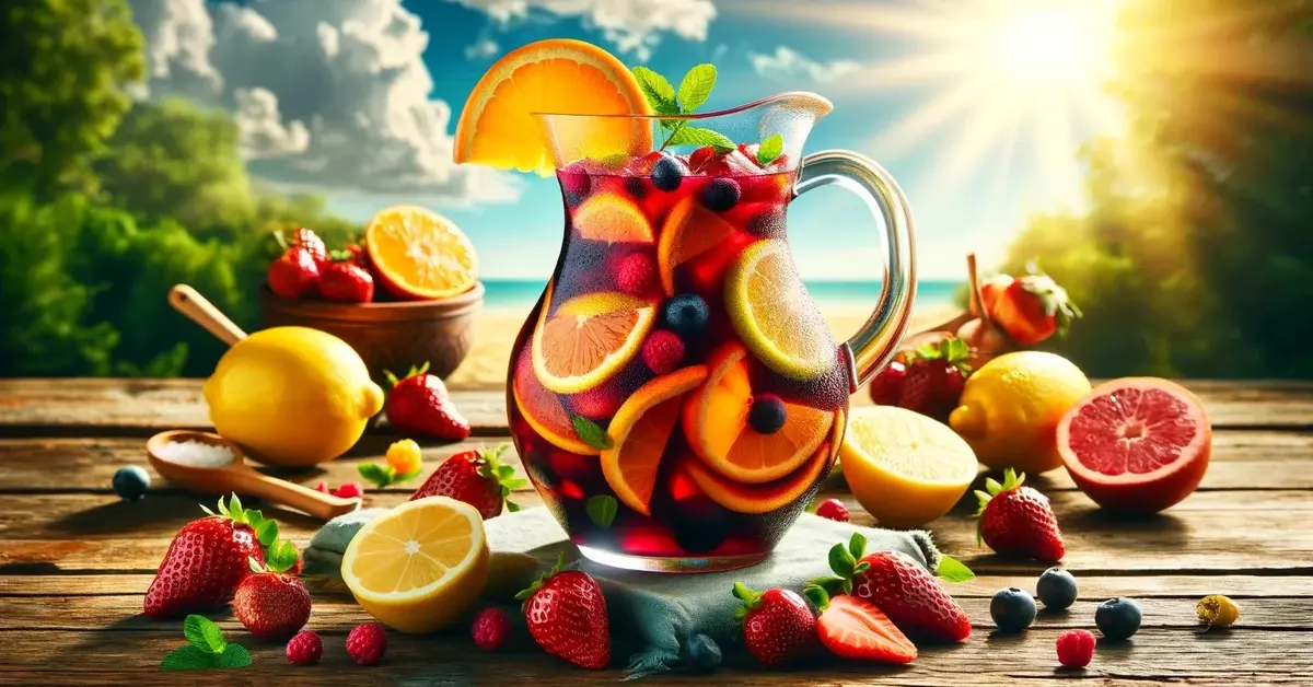 Sangria w szklanym dzbanie z owocami na drewnianym stole, śródziemnomorski klimat