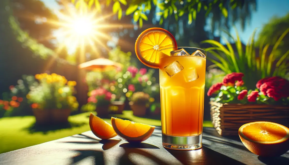 Słoneczny drink Screwdriver (Śrubokręt), z plasterkiem pomarańczy, w ogrodzie.