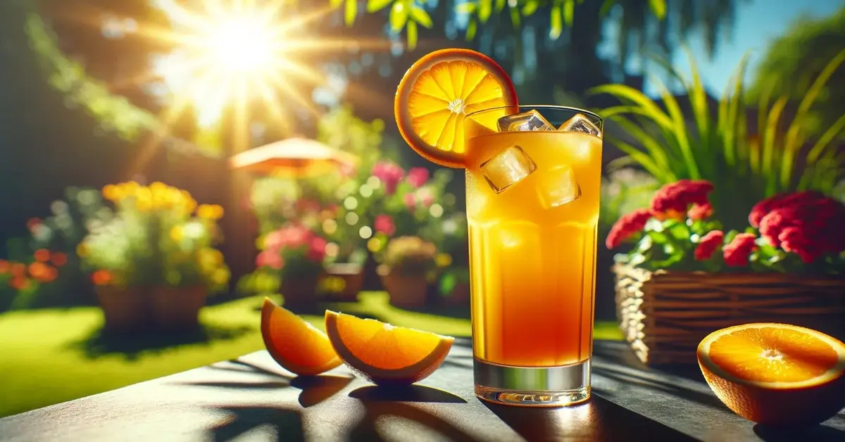 Słoneczny drink Screwdriver (Śrubokręt), z plasterkiem pomarańczy, w ogrodzie.