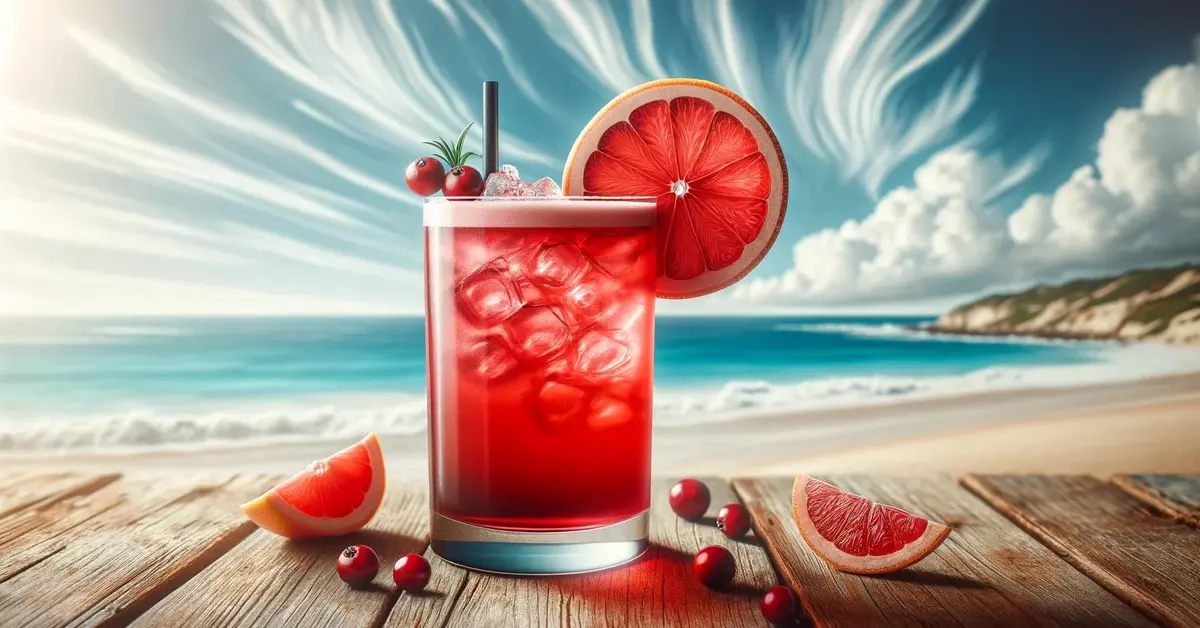Zdjęcie przedstawia drink Sea Breeze, ozdobiony plasterkiem grejpfruta i wiśniami kandyzowanymi, w tle spokojne morze.