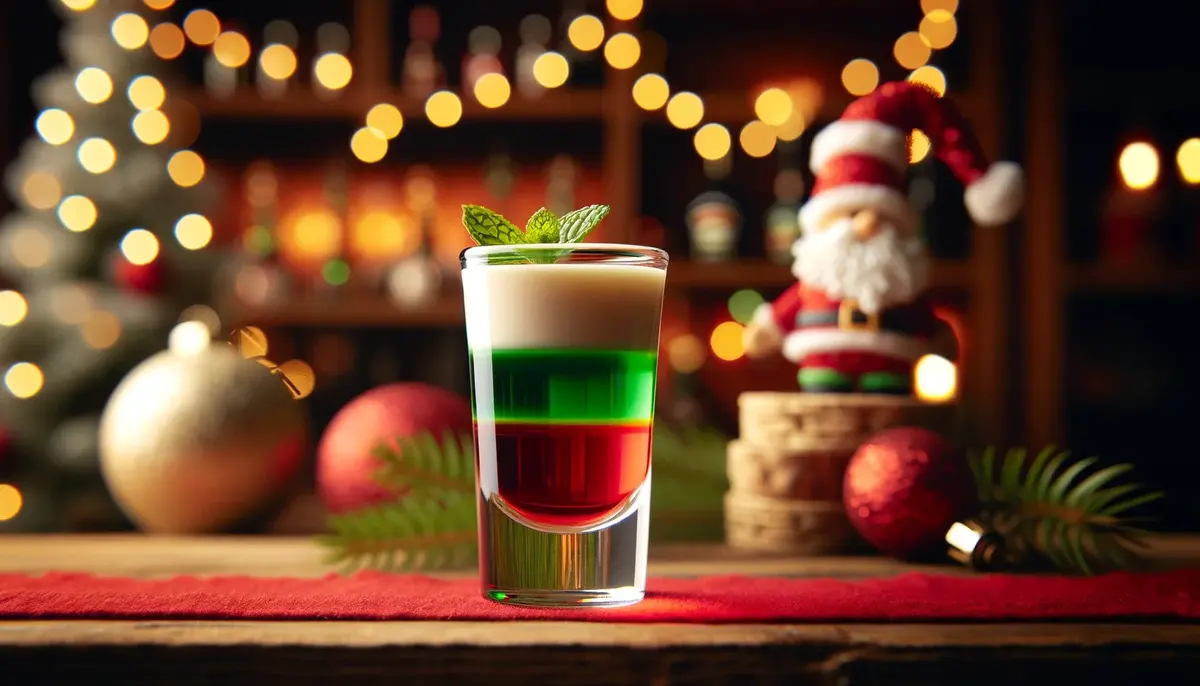 Trójwarstwowy shot Laska Elfa, czerwony, zielony i biały. 