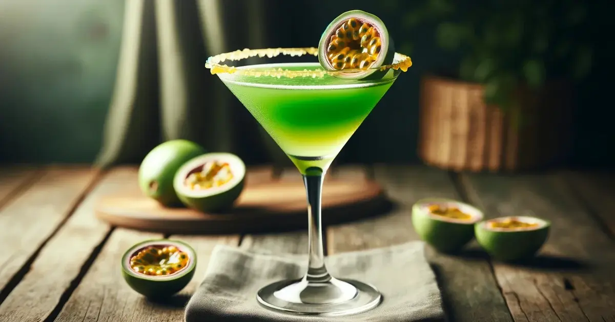 Zielony drink w kieliszku do martini, ozdobiony połówką świeżej marakui, na stole.