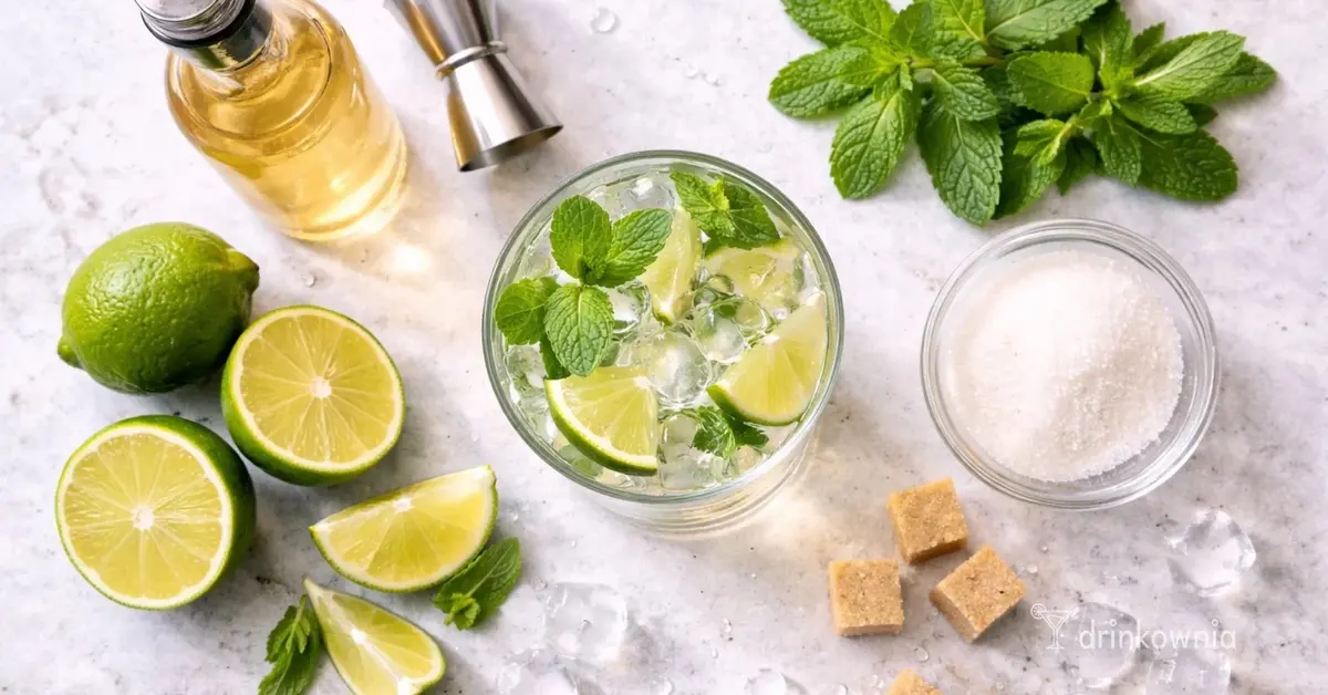 Składniki do drinków na jasnym blacie – limonka, mięta, syrop cukrowy, lód i gotowy drink z cytrusami.