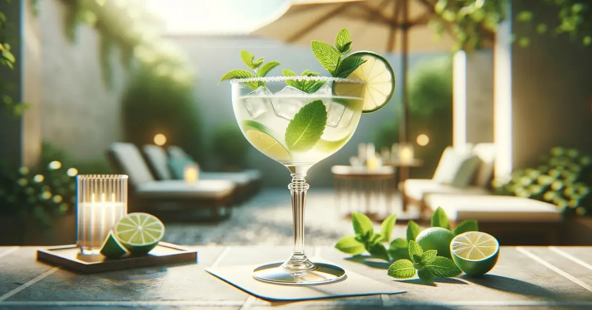 Zdjęcie przedstawia drink Southside w kieliszku typu coupe, ozdobiony limonkami i miętą, w tle letni ogród.
