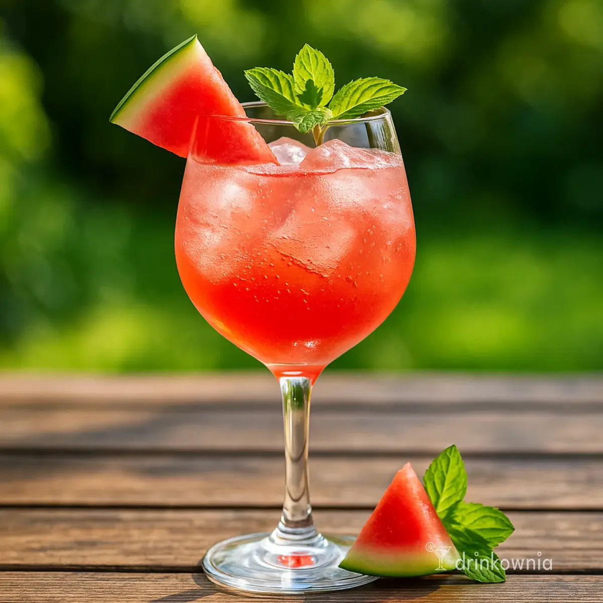 Arbuzowy Spritz w kieliszku do wina z lodem, miętą i kawałkiem arbuza na drewnianym stole w letnim ogrodzie.