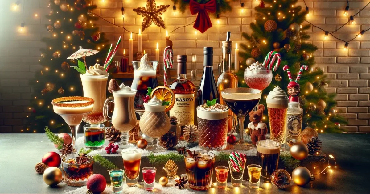 Świąteczne drinki różnego typu ustawione na barze, z ozdobami świątecznymi.