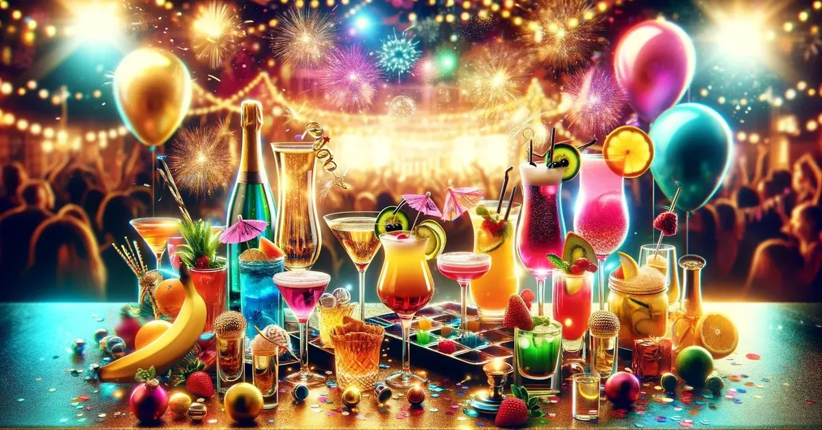 Kompozycja kolorywcjh drinków, owoców i dekoracji sylwestrowych, w tle impreza sylwestrowa
