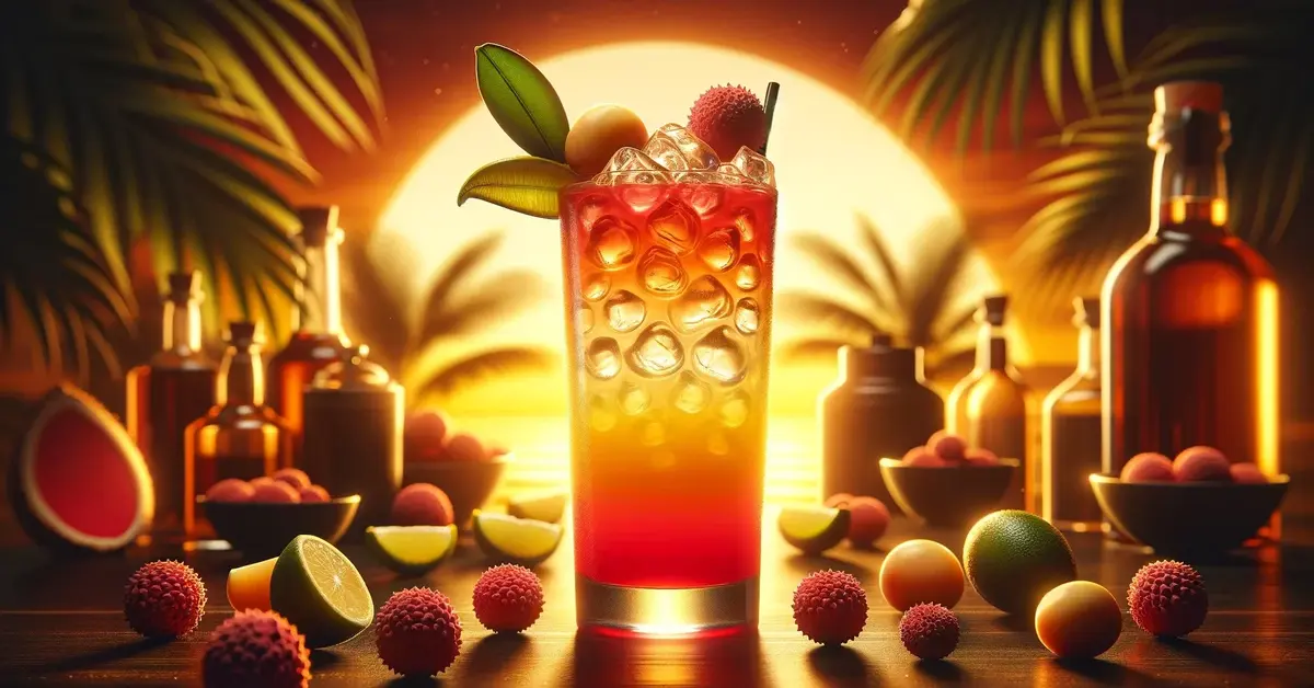 Zdjęcie drinka Tequila Sunrise z Liczi - tropikalnego drinka z tequilą, z gradientem przypominającym wschód słońca.