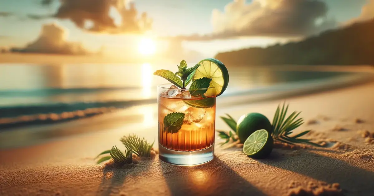 Zdjęcie przedstawia drink Tia Mia na bazie mezcalu i lekkiego rumu, ozdobiony limonką i miętą, na plaży.