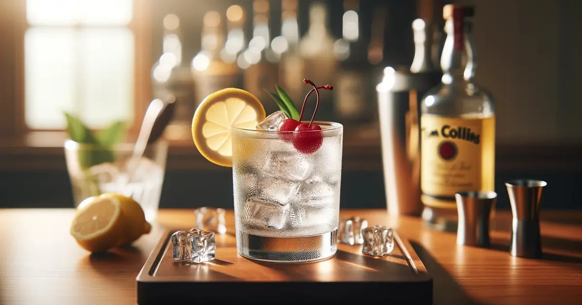 Świeży drink Tom Collins z cytryną i wiśniami koktajlowymi.