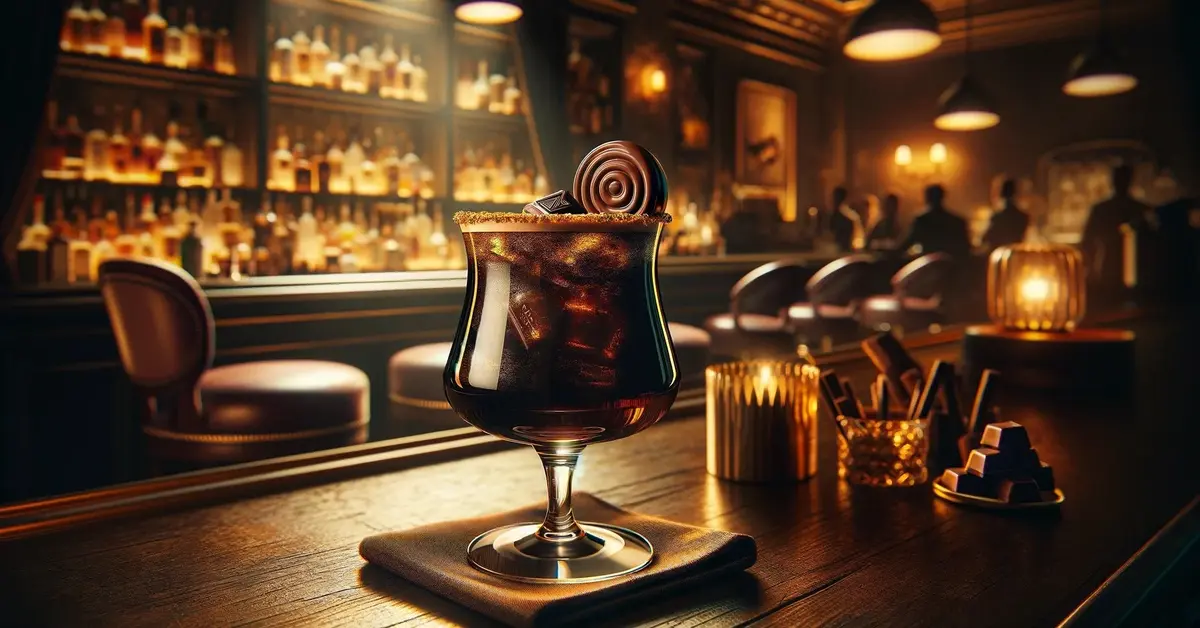 Zdjęcie przedstawia drink Tootsie Roll - deserowy drink o smaku toffi i czekolady, ozdobiony słodyczami w scenerii baru.
