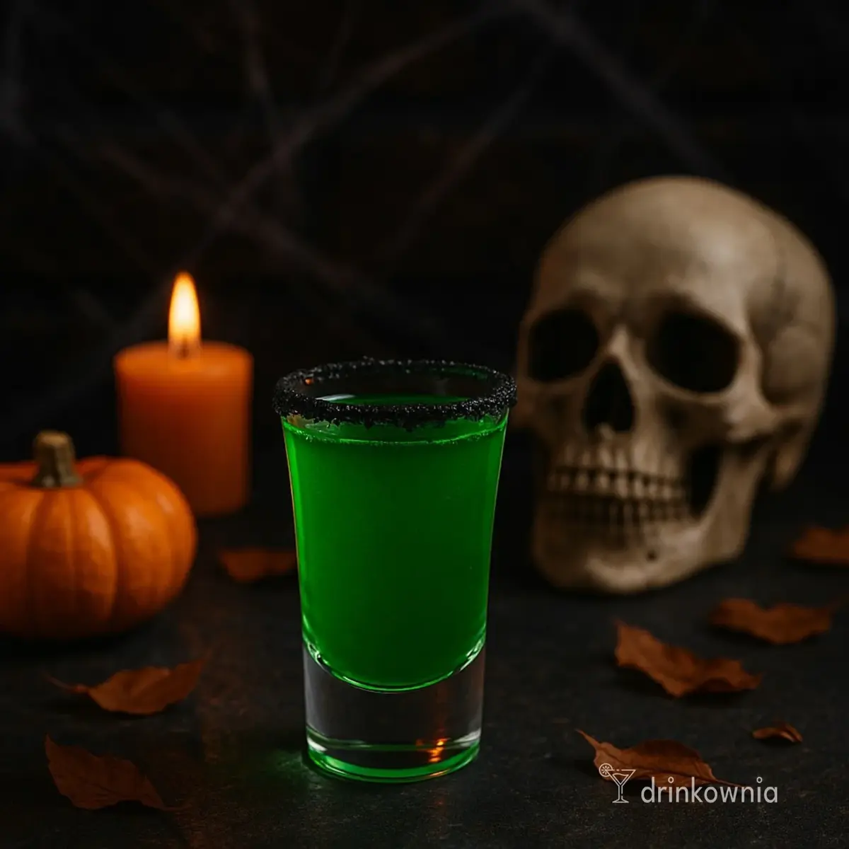 Zielony shot Trucizna Wiedźmy z czarnym cukrem na rancie kieliszka, w tle dynia, świeca i czaszka w mrocznej scenerii.