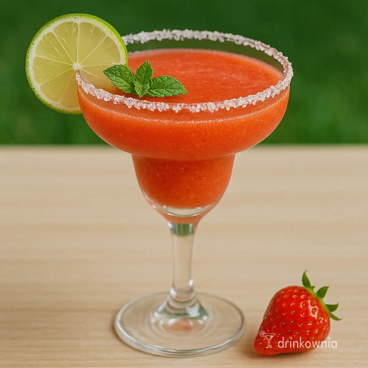 Truskawkowa Margarita w kieliszku z soloną krawędzią, limonką i miętą – orzeźwiający, owocowy drink na lato.