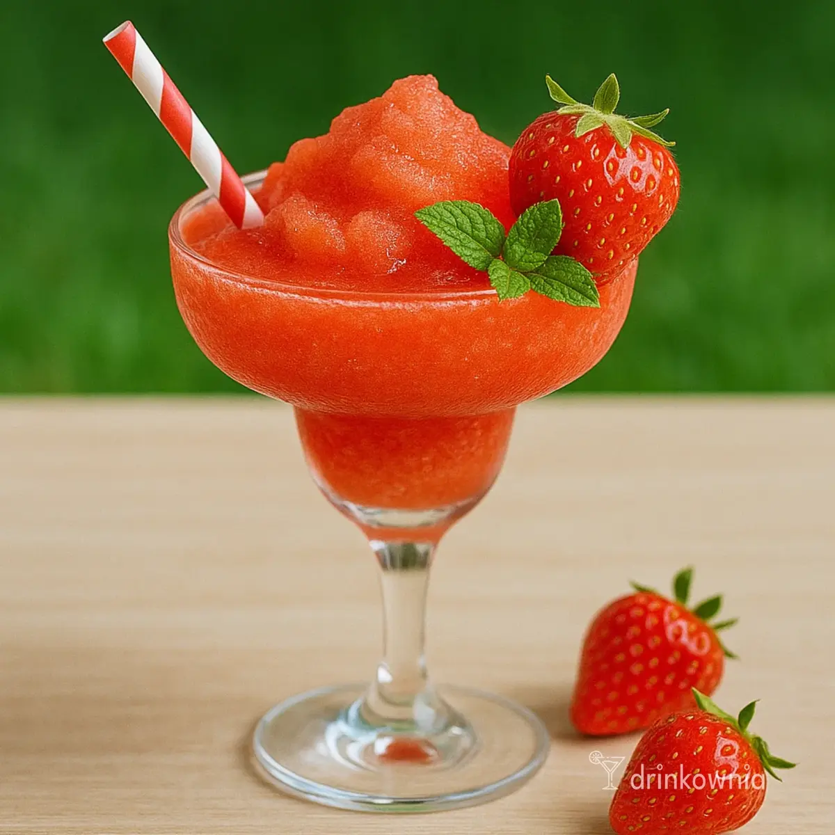 Truskawkowa Mrożona Daiquiri w kieliszku koktajlowym z truskawką, miętą i słomką – idealny mrożony drink na lato.