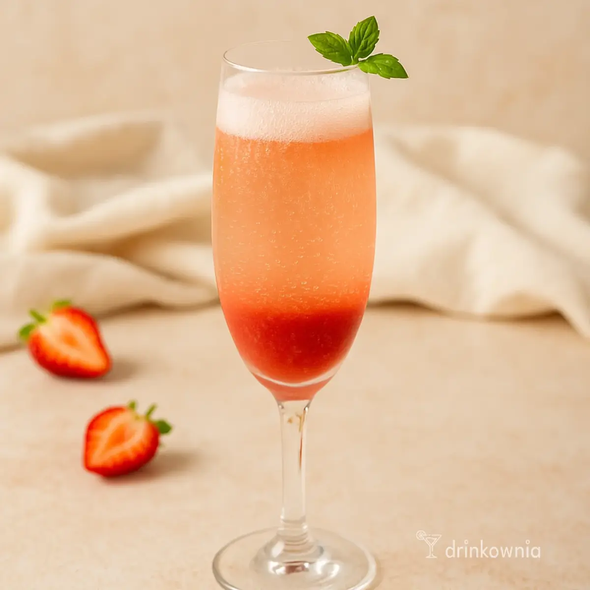 Truskawkowe Bellini z prosecco i musem z truskawek – elegancki, owocowy drink idealny na Dzień Mamy i wiosnę.