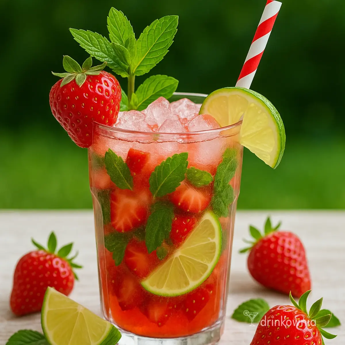 Truskawkowe Mojito z truskawkami, miętą, limonką i lodem w szklance na tle ogrodu – letni, orzeźwiający drink.
