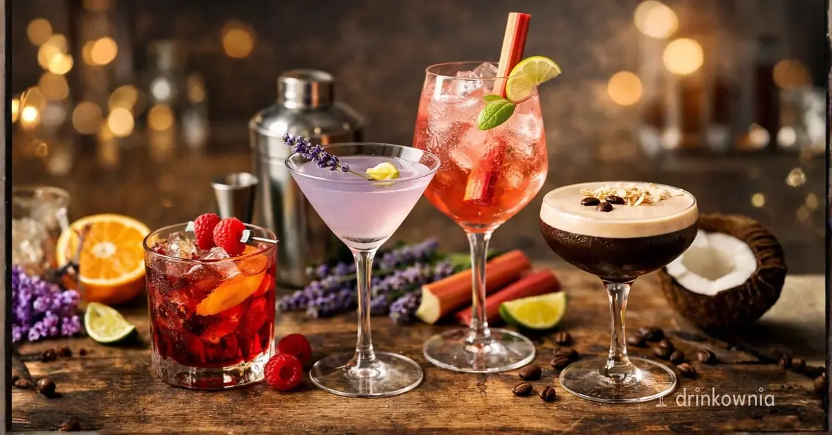 Kolorowe klasyczne drinki z twistem: malinowe Negroni, lawendowe Martini, Spritz i Espresso Martini na drewnianym stole.