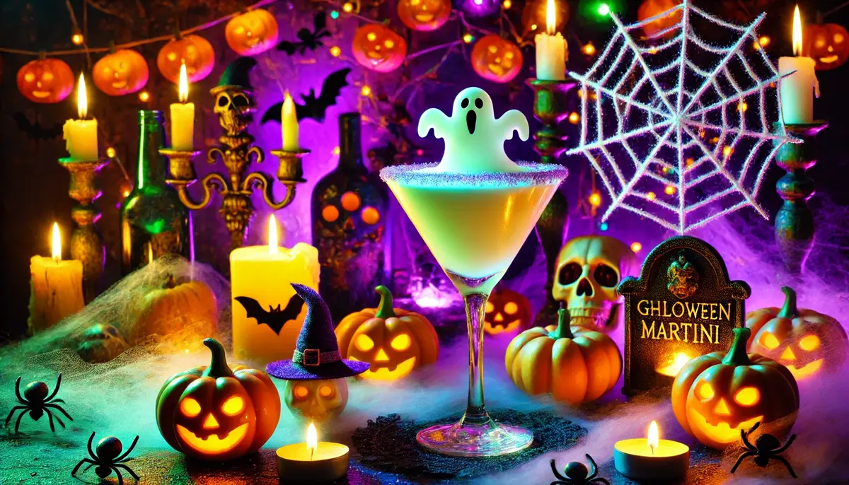 Upiorne Martini na Halloween – kremowy drink w duchowym stylu, podany w kieliszku martini z dekoracją kokosową.