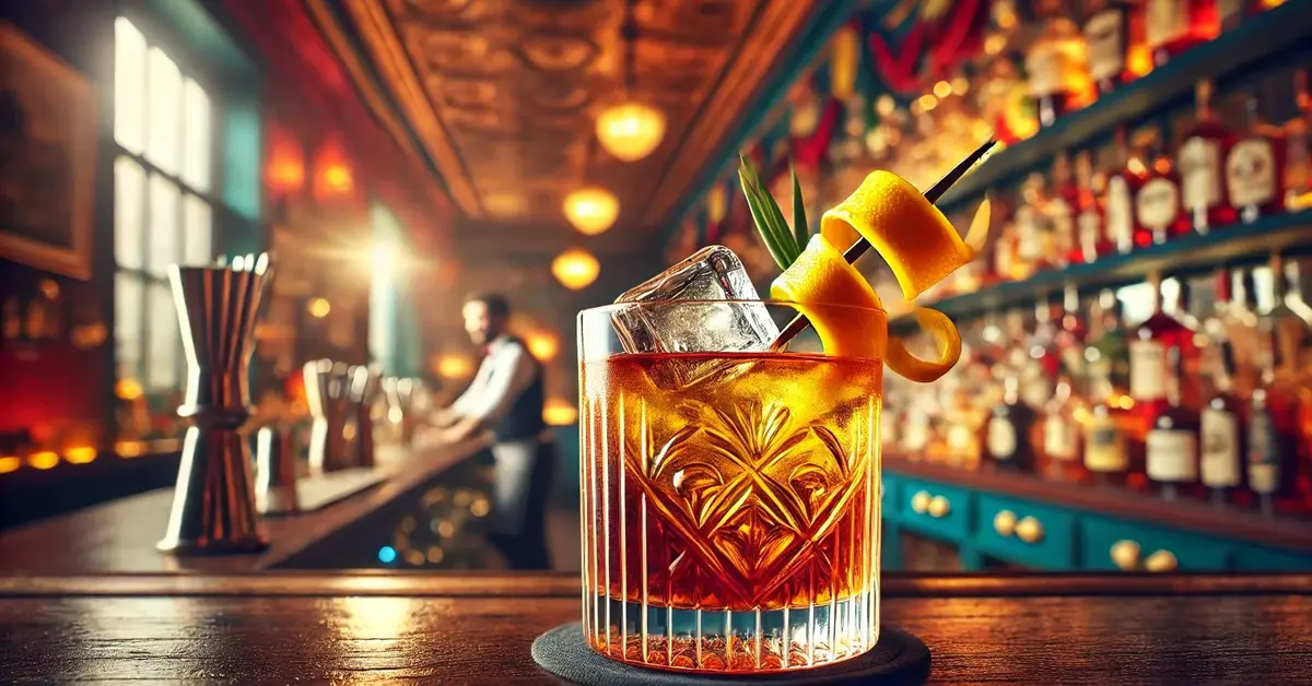 Elegancki drink Vieux Carré w szklance typu Old Fashioned z lodem i skórką cytryny, na tle kolorowego, klasycznego baru.