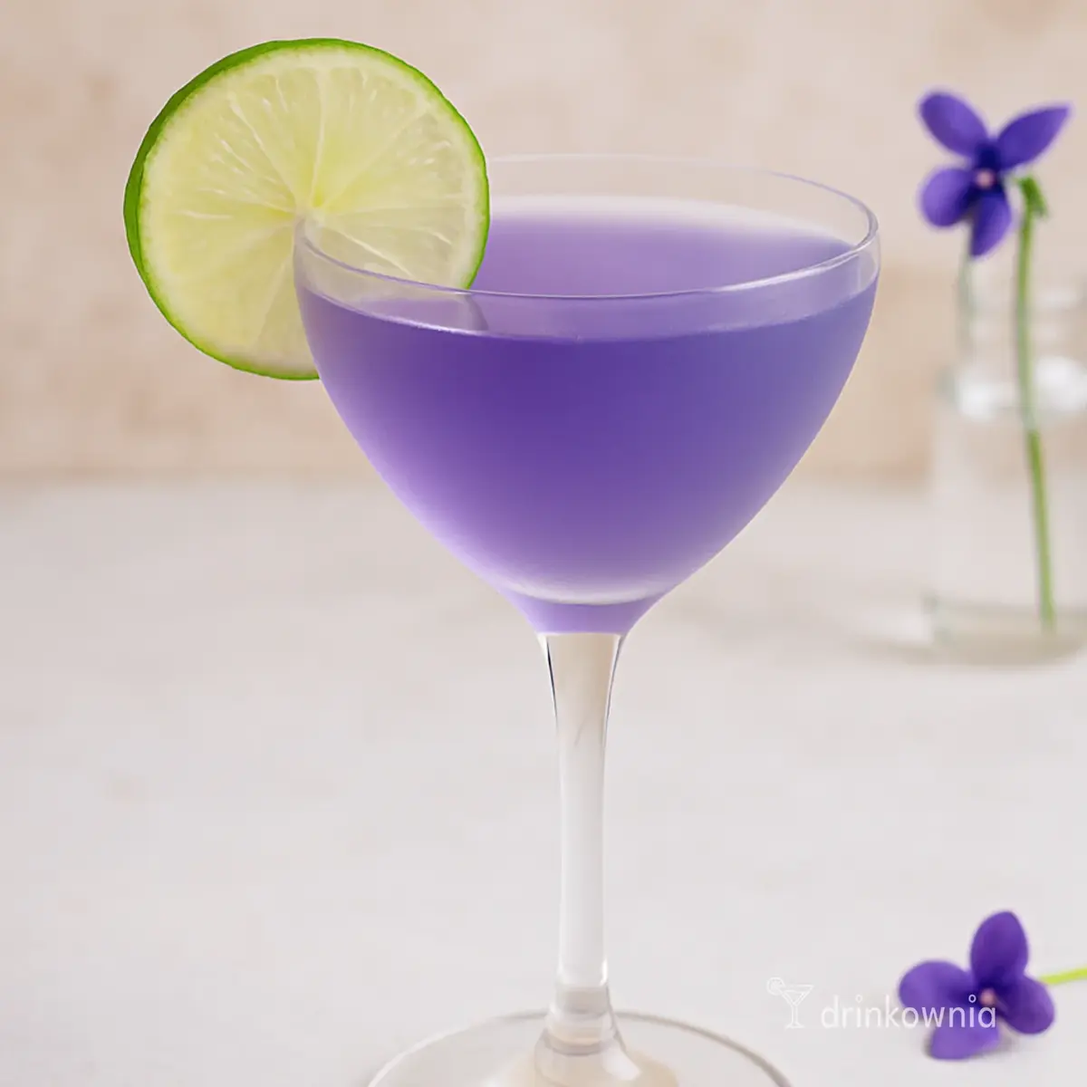 Violet Gimlet z ginem, likierem fiołkowym i limonką – elegancki, kwiatowy koktajl idealny na wiosenny Dzień Mamy.
