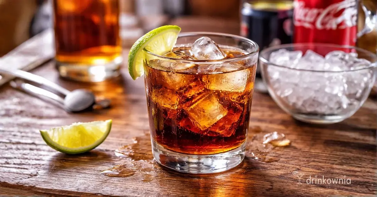 Whisky z colą i lodem w niskiej szklance typu tumbler, prosty drink z trzech składników na domowy wieczór.