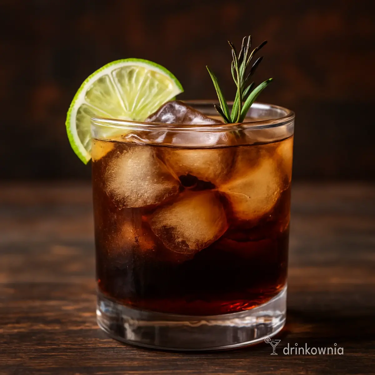 Whisky & Cola z limonką i rozmarynem w niskiej szklance z lodem – klasyczny drink z dymnym twistem na grilla i ognisko.