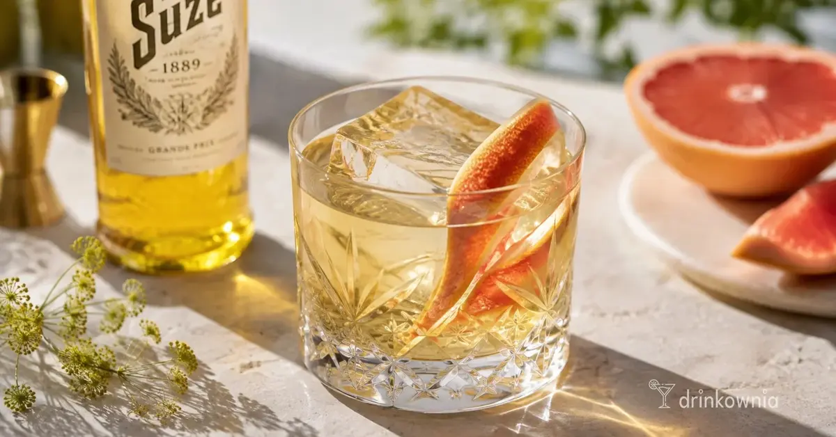 White Negroni z dużą kostką lodu i skórką grejpfruta w jasnym, słonecznym kadrze.